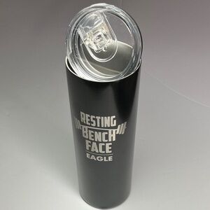 Black Aluminum Tumbler w/ Lid Gym Barbells Resting Bench Face Eagle Workout Cup